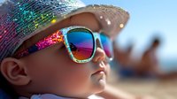 Young child wearing colorful glitter sunglasses and sparkly hat at beach, with rainbow reflections and dreamy summer atmosphere creating magical vacation moment.