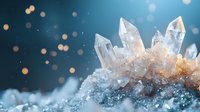 Sparkling clear quartz crystal formation with golden inclusions against dreamy blue background with bokeh lights, for wellness and spiritual concepts.