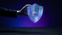 Hand holding glowing digital shield with binary code on dark blue background, representing cybersecurity, data protection, and network security technology.