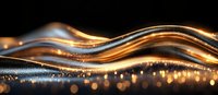 Abstract golden waves flow on dark background with glowing particles and bokeh lights creating luxurious dynamic composition. Suitable for luxury brand designs.