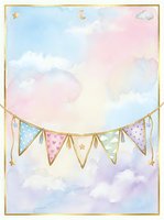 Pastel watercolor sky background with whimsical bunting banner, stars, and moon. Soft pink, blue, and purple clouds with gold frame border. Isolated design element for greeting cards, invitations, nursery decor, and children's stationery projects.