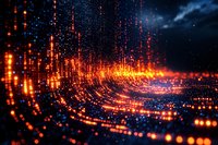 Abstract digital wave of glowing orange and blue particles forming curved light trails against dark background, representing data visualization or technology concept.