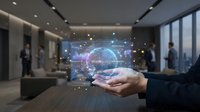 Businessman holding holographic globe with network connections in modern office environment showcasing global business technology and digital transformation.
