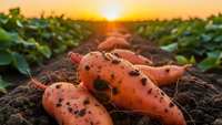 Fresh organic sweet potatoes harvested from fertile soil at golden sunset in agricultural field ready for healthy cooking and farm-to-table meals.