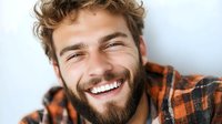 Young bearded man with bright smile wearing plaid shirt laughing against light background, expressing genuine joy and positive emotions.