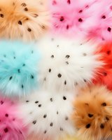 Colorful fluffy fur texture pattern with black spots in pastel pink, blue, orange and white colors creates abstract background for fashion and design projects.