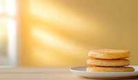 Stack of fluffy golden pancakes on white plate against warm sunlit background with soft bokeh effect and copy space for breakfast menu design.