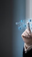Business professional touching digital network interface with connected data servers and cloud computing technology for modern enterprise solutions.