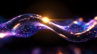 Glowing wave of luminous particles flowing on dark background with light effects and bokeh, creating futuristic digital technology visualization.