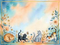 Watercolor frame with playful cats and floral elements on pastel background for greeting cards, invitations and decorative projects.