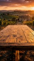 Wooden table surface overlooking rolling vineyards at sunset with rustic stone villa and cypress trees in countryside landscape, suitable for wine, hospitality and travel marketing.