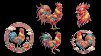 Colorful Chinese zodiac rooster set with folk art style, isolated on transparent background, ready for stickers, sublimation, t-shirt design, and print on demand clipart use.