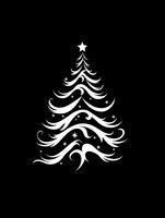 Elegant white Christmas tree silhouette with flowing curved lines and stars on black background, isolated design element for holiday decorations and cards.