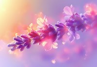 Glowing purple and pink flowers on blurred dreamy background with magical sparkles and bokeh lights creating ethereal spring atmosphere.