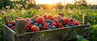 Fresh mixed berries in rustic wooden crate at sunset farm field. Strawberries, blueberries and raspberries harvest for healthy organic food concepts.