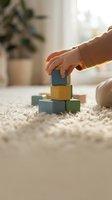 Child hand placing colorful wooden blocks on soft carpet in bright living room. Early childhood development and educational play at home.