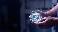 Businessman hands holding glowing gear with lightning bolt symbol representing power energy innovation and industrial technology solutions.