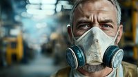 Mature Caucasian worker wearing protective respirator mask and safety equipment in industrial environment with blurred factory background and bokeh lights.