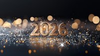 Golden metallic numbers 2026 on dark background with glitter and bokeh lights creating festive new year celebration atmosphere.