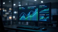 Financial data analytics dashboard on computer monitor displaying stock market charts and investment performance metrics in modern office environment.