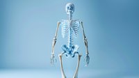 Human skeleton anatomy model standing on light blue background, medical education and healthcare concept.