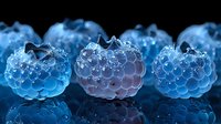 Glowing blue raspberries on reflective black surface with water drops and dramatic lighting create mysterious atmosphere for food photography and design projects.