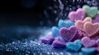 Colorful sugar coated heart candies on dark background with glitter bokeh effect. Sweet romantic composition with pastel pink, purple, blue hearts.