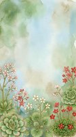 Watercolor botanical background with succulents, red and white wildflowers, soft green washes, and copy space for cards or invitations.