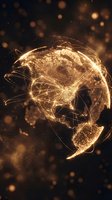 Golden glowing Earth with network connections and light particles on dark background for global communication and technology concepts.