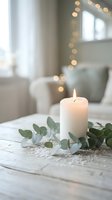 Cozy home interior with burning white candle and eucalyptus leaves on rustic wooden table, warm bokeh lights creating peaceful atmosphere for relaxation.