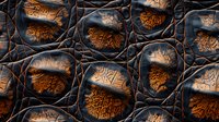 Macro view of crocodile skin texture showing detailed scales pattern in dark brown and copper tones, natural leather surface with intricate organic shapes.