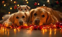 Three golden retriever dogs lying among glowing red Christmas lights and decorations, creating warm holiday atmosphere with bokeh lights in background.