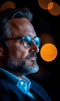 Middle-aged Caucasian businessman with gray beard and glasses in profile view against dark background with orange bokeh lights creating dramatic atmosphere.