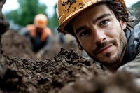 Hispanic construction worker in yellow hard hat emerging from excavation trench, close-up portrait showing determination and confidence while working on site.
