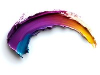Vibrant curved brush stroke in purple, blue, and yellow colors with textured paint effect on white background, isolated design element for creative projects.