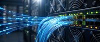 Fiber optic cables with glowing blue light transmitting data through server equipment in a data center, representing high-speed internet connectivity and network infrastructure.