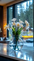 White tulips in round glass vase on marble counter against window with bokeh lights. Fresh spring flowers create elegant home decor with natural reflections.
