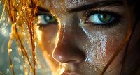Close-up portrait of young woman with intense green eyes, wet freckled face, and golden-lit red hair dripping with water droplets in dramatic lighting.