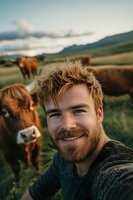 Young Caucasian farmer with red beard takes selfie in green pasture with Highland cattle grazing in background during golden hour. Mountain landscape and dramatic sky.
