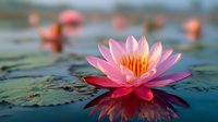Pink water lily floating on calm lake surface with reflection, green lily pads visible in background creating serene aquatic scene.