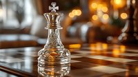 Crystal chess king piece on wooden chessboard with warm bokeh lights in background, dramatic close-up view highlighting strategic gameplay and luxury gaming.