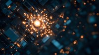 Glowing energy core radiates golden light through futuristic geometric circuit pattern against dark blue background with bokeh effects and light particles.