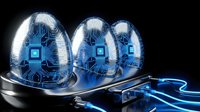 Futuristic transparent eggs with glowing blue circuit board patterns and digital elements on reflective surface for technology and innovation concepts.