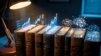 Financial education concept with vintage books and glowing stock market charts representing investment knowledge and trading expertise for business learning.