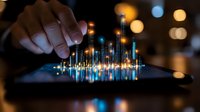 Futuristic cityscape hologram emerging from digital tablet with glowing blue lights and bokeh effect, finger touching interactive smart city visualization.