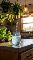 Fresh water pouring into glass on kitchen counter with green plants and warm lighting creating cozy home atmosphere for healthy lifestyle concepts.