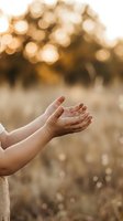 Open hands reaching upward in prayer or meditation gesture with warm golden bokeh light background creating peaceful spiritual atmosphere.