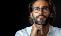 Middle-aged mixed race businessman with beard and glasses in white shirt looking up thoughtfully against dark background, hand on chin in contemplative pose.