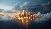 Glowing futuristic cityscape with illuminated skyscrapers rising above clouds at sunset, reflecting golden light on water surface with magical sparkles in sky.