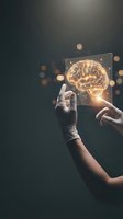 Medical professional in white latex gloves holding glowing brain scan on glass panel against dark background with bokeh lights, representing neurology, artificial intelligence, and healthcare innovation.